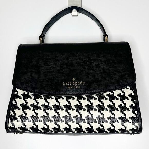 NEW Kate Spade Darcy Woven Houndstooth Top Handle Satchel Leather Black White - Picture 4 of 9